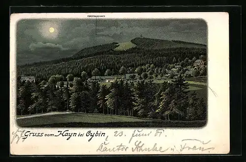 Mondschein-Lithographie Oybin, Forsthaus Hayn mit Umgebung aus der Vogelschau