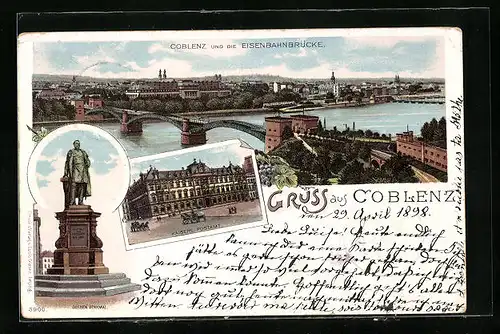 Lithographie Coblenz, Ortsansicht mit Eisenbahnbrücke, Postamt, Goeben-Denkmal