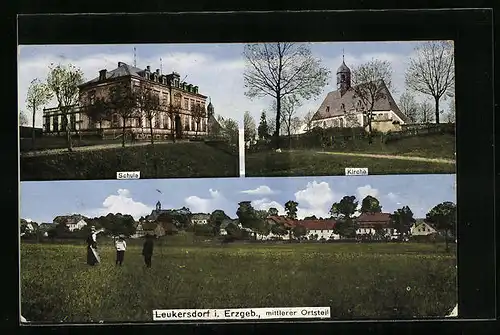 AK Leukersdorf /Erzgeb., Panorama des mittleren Ortsteils, Schule und Kirche