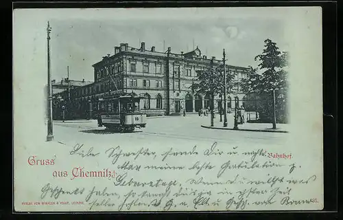 Mondschein-AK Chemnitz, Partie am Bahnhof, mit Strassenbahn