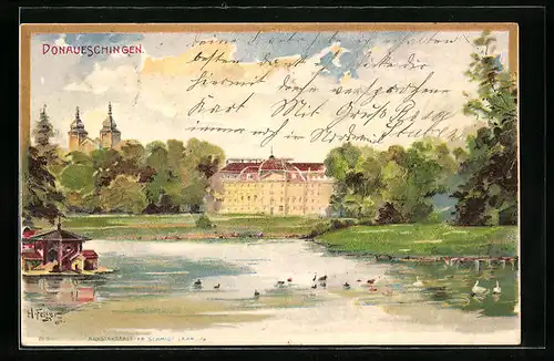 Lithographie Donaueschingen, Schloss mit Teich und Blick auf Kirche