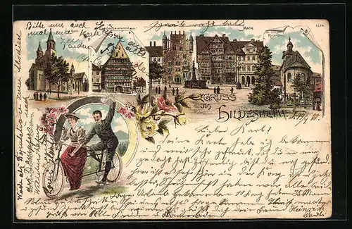 Lithographie Hildesheim, Markt, Paar auf Tandem, Dom