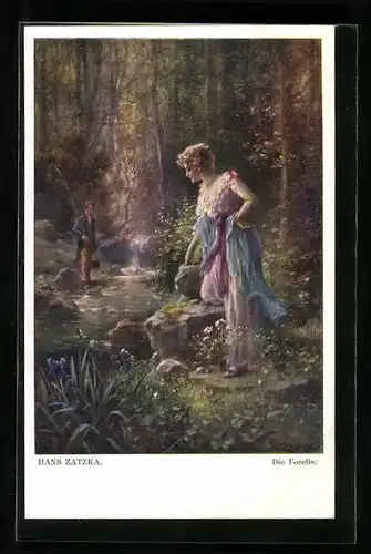 Künstler-AK Hans Zatzka: Junge Dame und Angler an einem Bach
