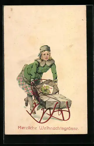 AK Frau mit Geschenken auf einem Schlitten