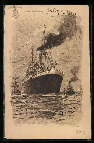 Künstler-AK Willy Stoewer: Passagierschiff mit Schlepper