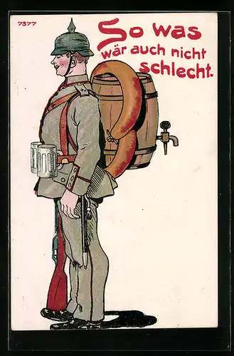 Künstler-AK Bruno Bürger & Ottillie Nr. 7377: Deutscher Soldat mit Bierfass auf dem Rücken