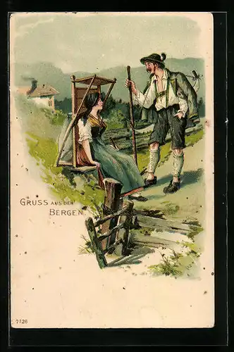 Lithographie Bergsteiger trifft auf hübsche Maid