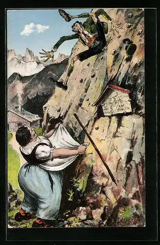 Künstler-AK Dicke Frau will dürren Mann in ihrer Schürze auffangen, Scherz