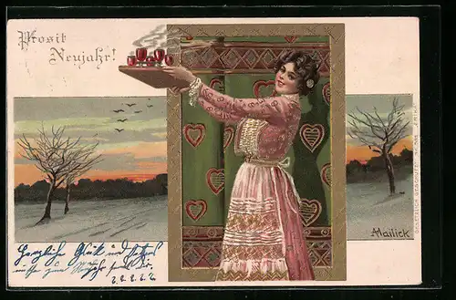 Künstler-AK Alfred Mailick: Schöne Frau serviert Silvesterpunsch