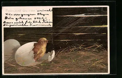 Künstler-AK Alfred Mailick: Fröhliche Ostern, Osterküken schlüpft aus Ei