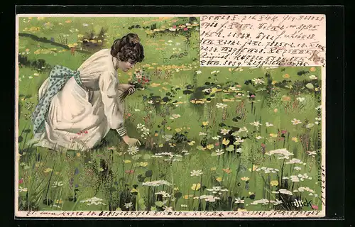 Künstler-AK Alfred Mailick: Frau pflückt Blumen auf einer Frühlingswiese