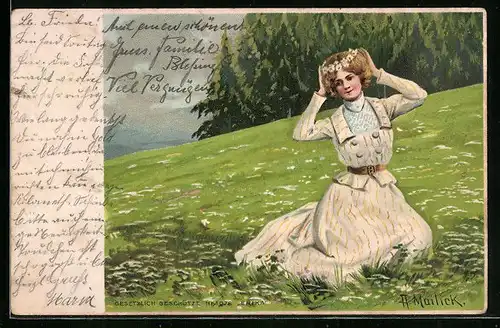 Künstler-AK Alfred Mailick: hübsche Frau im eleganten Kleid auf einem Feld im Sommer