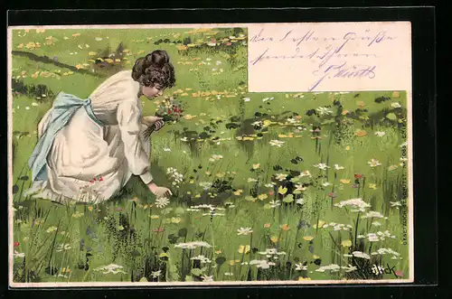 Künstler-AK Alfred Mailick: junge Frau pflückt Wiesenblumen