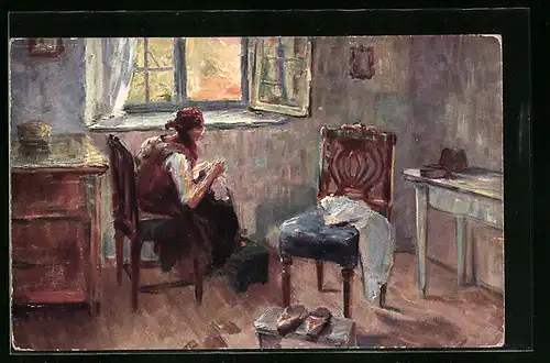 Künstler-AK sign. A. Gumlich-Kempf: Die Stickerin