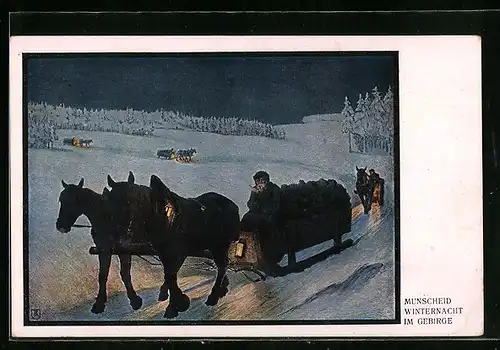 Künstler-AK sign. Munscheid: Pferdeschlitten in einer Winternacht im Gebirge