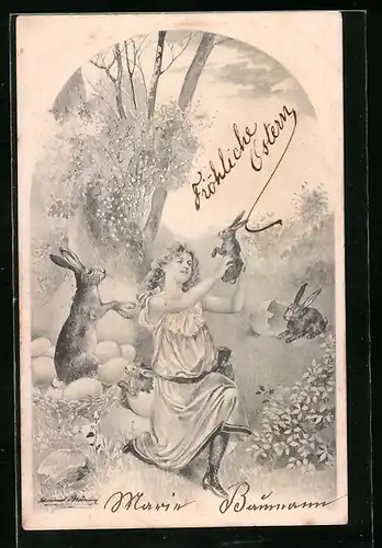 Künstler-AK sign. Edmund Brösering: Fraulein mit Osterhasen