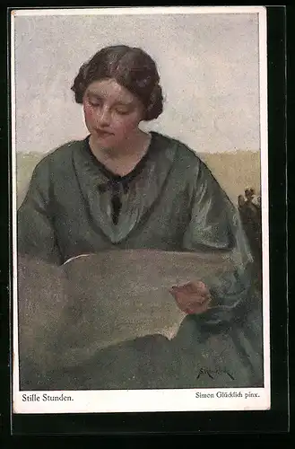 Künstler-AK sign. Simon Glücklich: Stille Stunden, Frau liest Zeitung