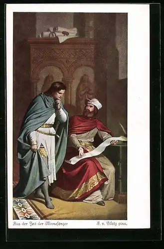 Künstler-AK sign. F. v. Piloty: Aus der Zeit der Minnesänger, Zwei Männer beraten sich
