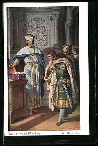 Künstler-AK sign. F. v. Piloty: Aus der Zeit der Minnesänger, Männer an Kiste mit Schriften
