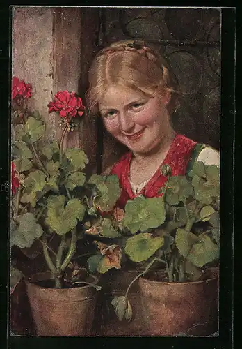 Künstler-AK sign. Hugo Engl: Frau hinter Blumentöpfen