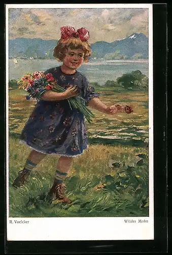 Künstler-AK sign. R. Voelcker: Mädchen pflückt wilden Mohn