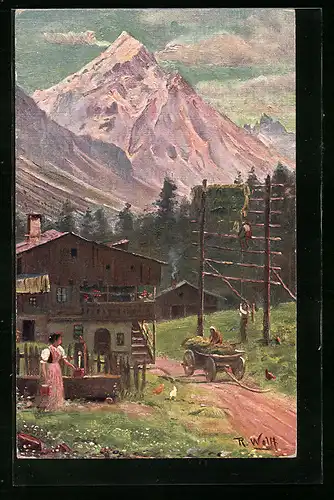 Künstler-AK sign. R. Wolff: Ampezzo, Der Antelàu und Frau am Brunnen, Dolomitenstrasse