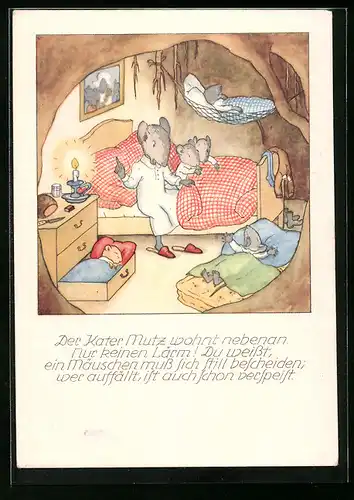 Künstler-AK sign. Bohatta-Morpurgo: Mäuschen-Familie geht schlafen