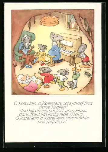 Künstler-AK sign. Bohatta-Morpurgo: Singen und Tanzen bei Familie Mäuschen
