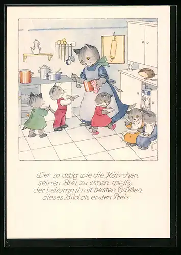 Künstler-AK sign. Bohatta-Morpurgo: Katzenmutter serviert ihren Kleinen das Essen