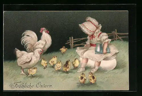 Präge-AK Mädchen mit Osterküken und Hühnern