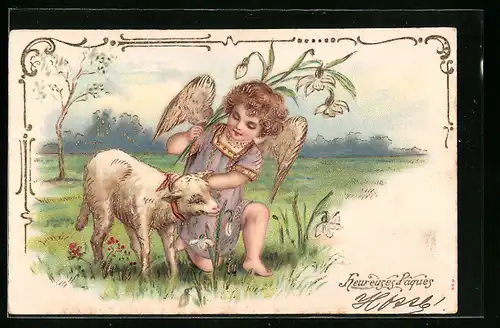 AK Osterengel mit Maiglöckchen und Lamm