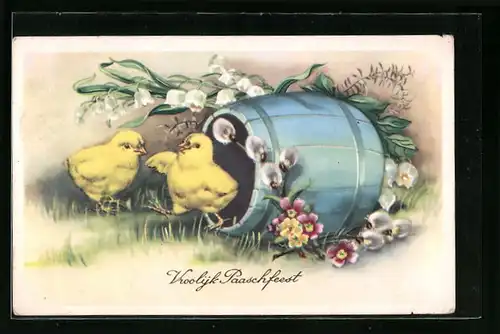 AK Osterküken aus dem Fass, Frohes Fest