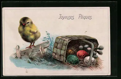 AK Joyeuses Paques, Osterküken mit Korb voller Ostereiern