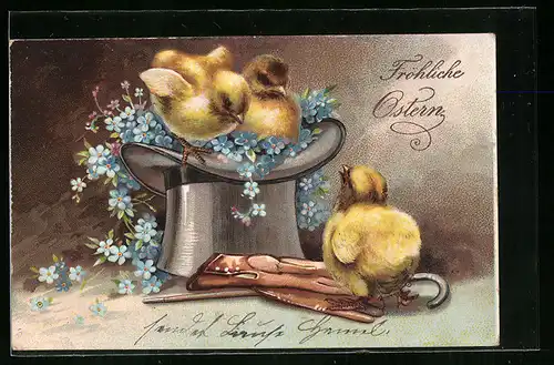 AK Fröhliche Ostern, Osterküken im Zylinder