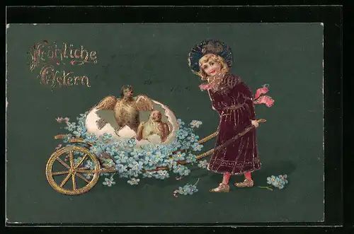 AK Fröhliche Ostern, Osterküken in der Eier-Schubkarre
