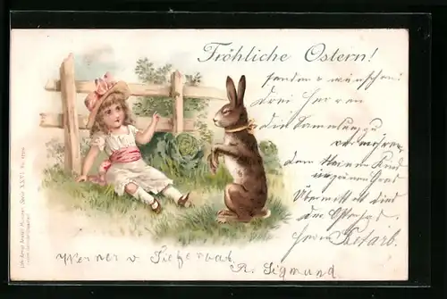 AK Mädchen mit Osterhasen im Grünen