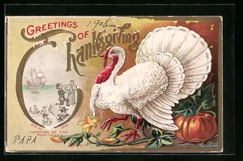 Präge-AK Truthahn zu Thanksgiving, Kürbis