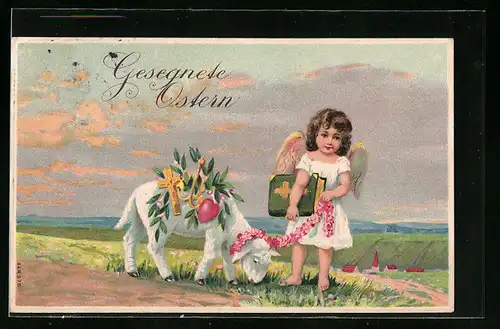AK Gesegnete Ostern, geschmücktes Lämmchen mit Osterengel