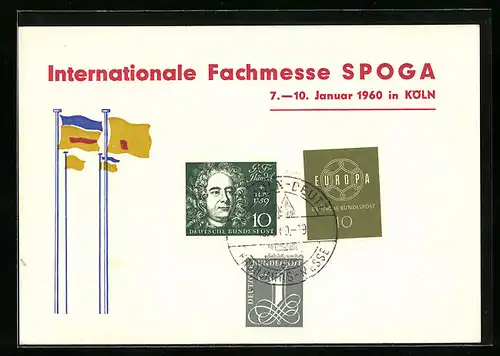 AK Köln, Internationale Fachmesse SPOGA 1960, Fahnen, Briefmarke mit Sonderstempel