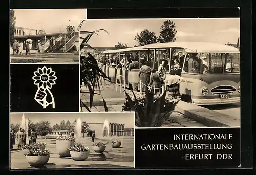 AK Erfurt, Internationale Gartenbauausstellung, Bus und Gebäude auf dem Ausstellungsgelände