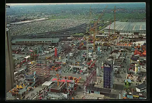 AK Hannover, Blick vom Hermesturm auf das Freigelände und den Messebahnhof