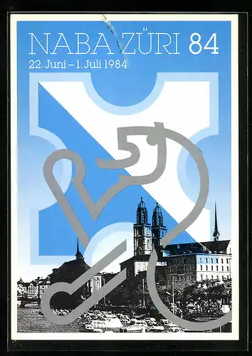 AK Zürich, Nationale Briefmarkenausstellung NABA ZÜRI 1984, Offizielle Werbekarte Nr. 1