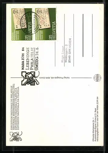 AK Zürich, Nationale Briefmarkenausstellung NABA ZÜRI 1984, Offizielle Werbekarte Nr. 1