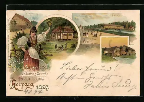 Lithographie Leipzig, Sächsisch-Thüringische Industrie- & Gewerbe-Ausstellung 1897, Thüringer Waldhütte, Bauernhaus