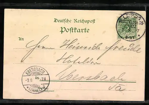 Lithographie Leipzig, Sächsisch-Thüringische Industrie- & Gewerbe-Ausstellung 1897, Thüringer Waldhütte, Bauernhaus