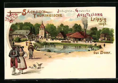 Lithographie Leipzig, Sächsisch-Thüringische Industrie- u. Gewerbe-Ausstellung 1897, Das Dorf