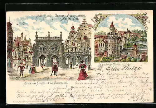 Lithographie Berlin-Treptow, Gewerbe-Ausstellung, 1896, Spandauer Strasse mit der Gerichtslaube, Spandauer Thor
