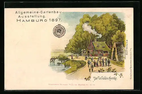 Lithographie Hamburg, Allgemeine-Gartenbau-Ausstellung 1897, Zur Waldschenke