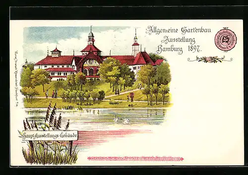 Lithographie Hamburg, Allgem. Gartenbau-Ausstellung 1897, Blick zum Hauptausstellungs-Gebäude