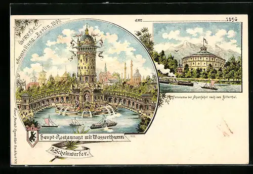 Lithographie Berlin, Gewerbe-Ausstellung 1896, Hauptrestaurant mit Wasserturm, Panorama der Alpenfahrt